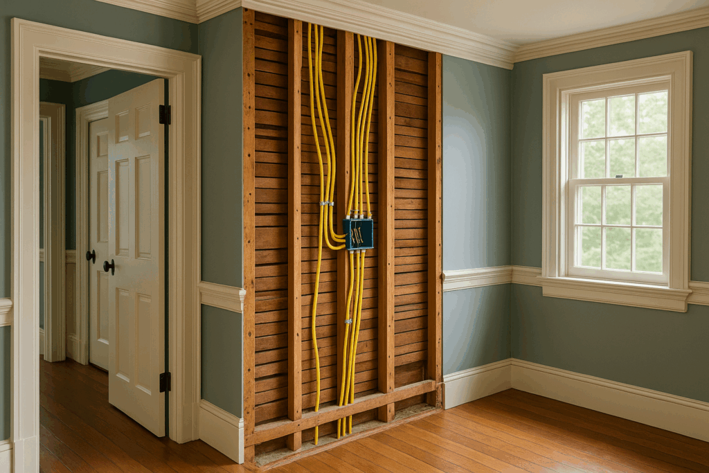 Wall with exposed wiring installation showcasing professional electrical services in a residential renovation