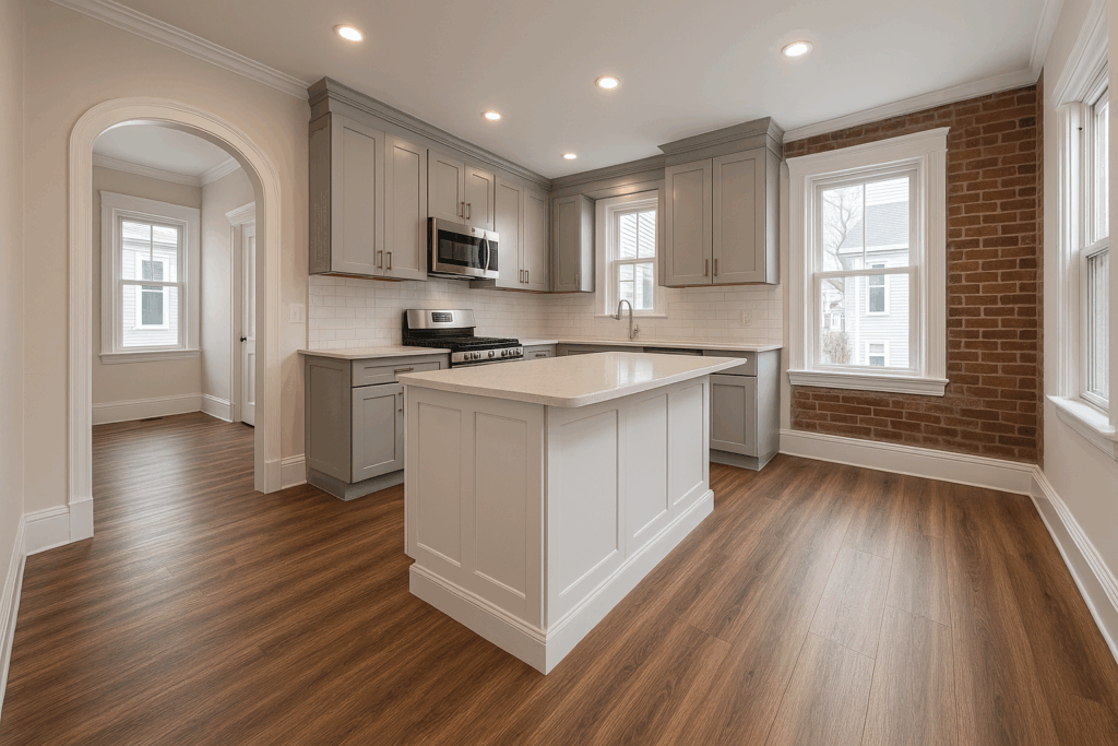 Stylish kitchen featuring realistic wood-look surfaces installed through expert vinyl flooring services for a refined finish