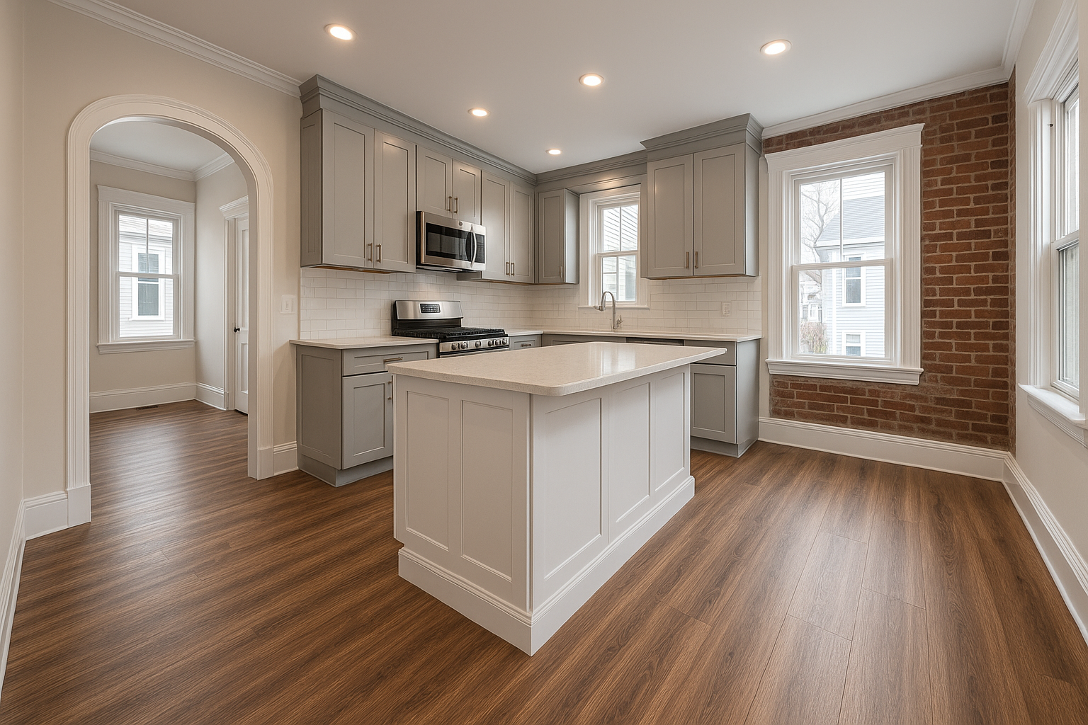 Stylish kitchen featuring realistic wood-look surfaces installed through expert vinyl flooring services for a refined finish