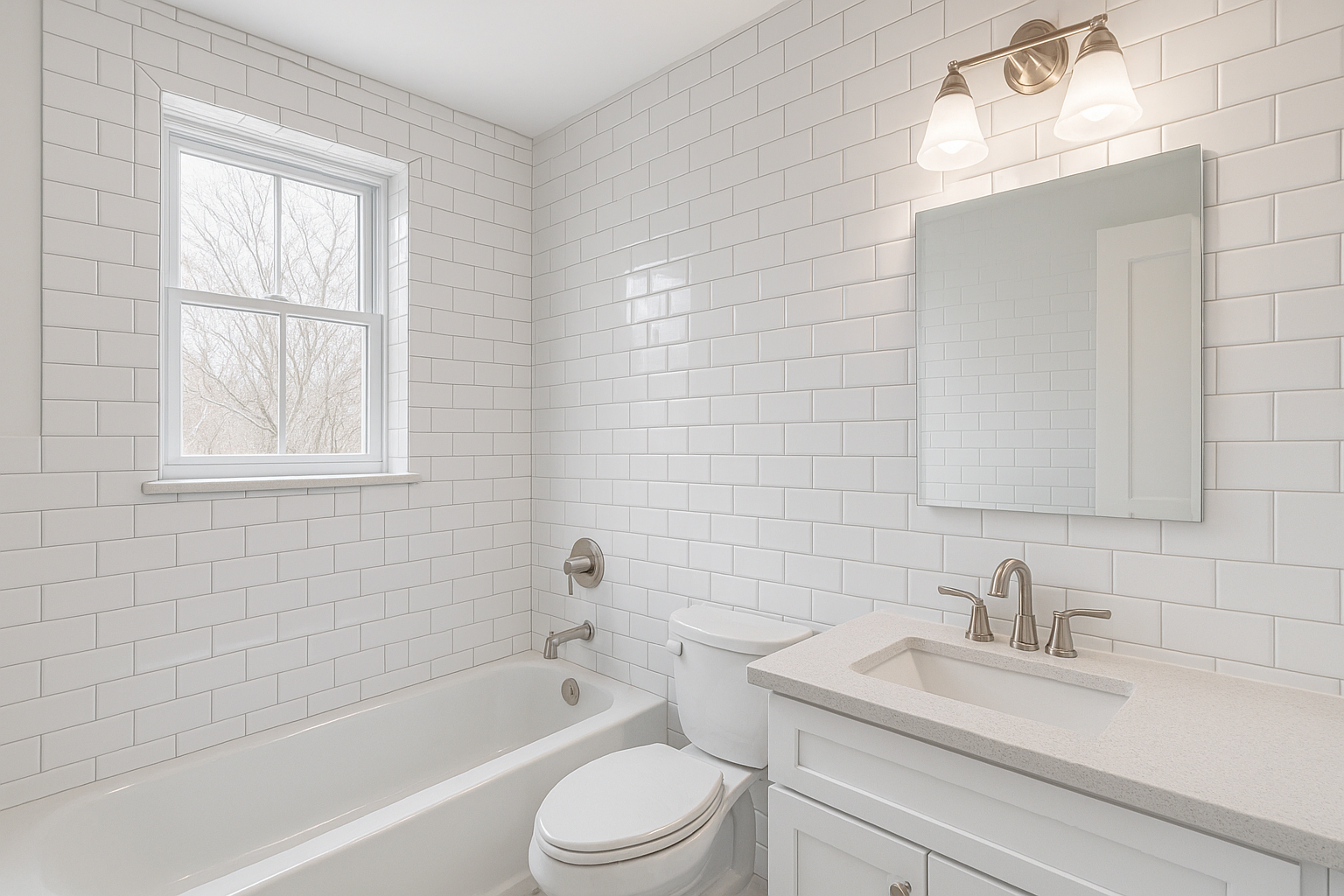 Modern bathroom with white subway tiles on walls, showcasing professional Tile Installation Services with clean and elegant finish.